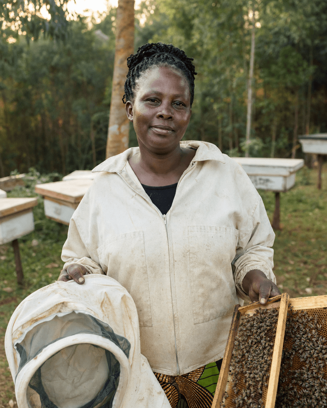Kenyan beekeeper standing near apiary boxes